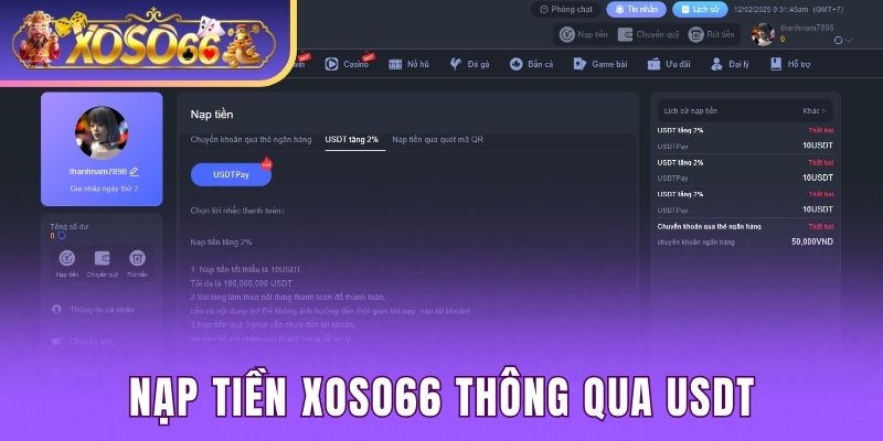 Nạp tiền Xoso66 thông qua USDT